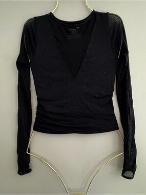Free People Sheer Sleeve V Neck Top Size XS/S Black Grunge Inspired Rock